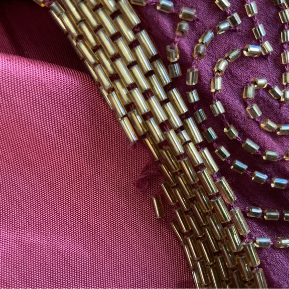 Niteline Burgundy Silk Large 3 Piece Evening Wear Gold Bugle Beaded Jacket - Picture 16 of 16